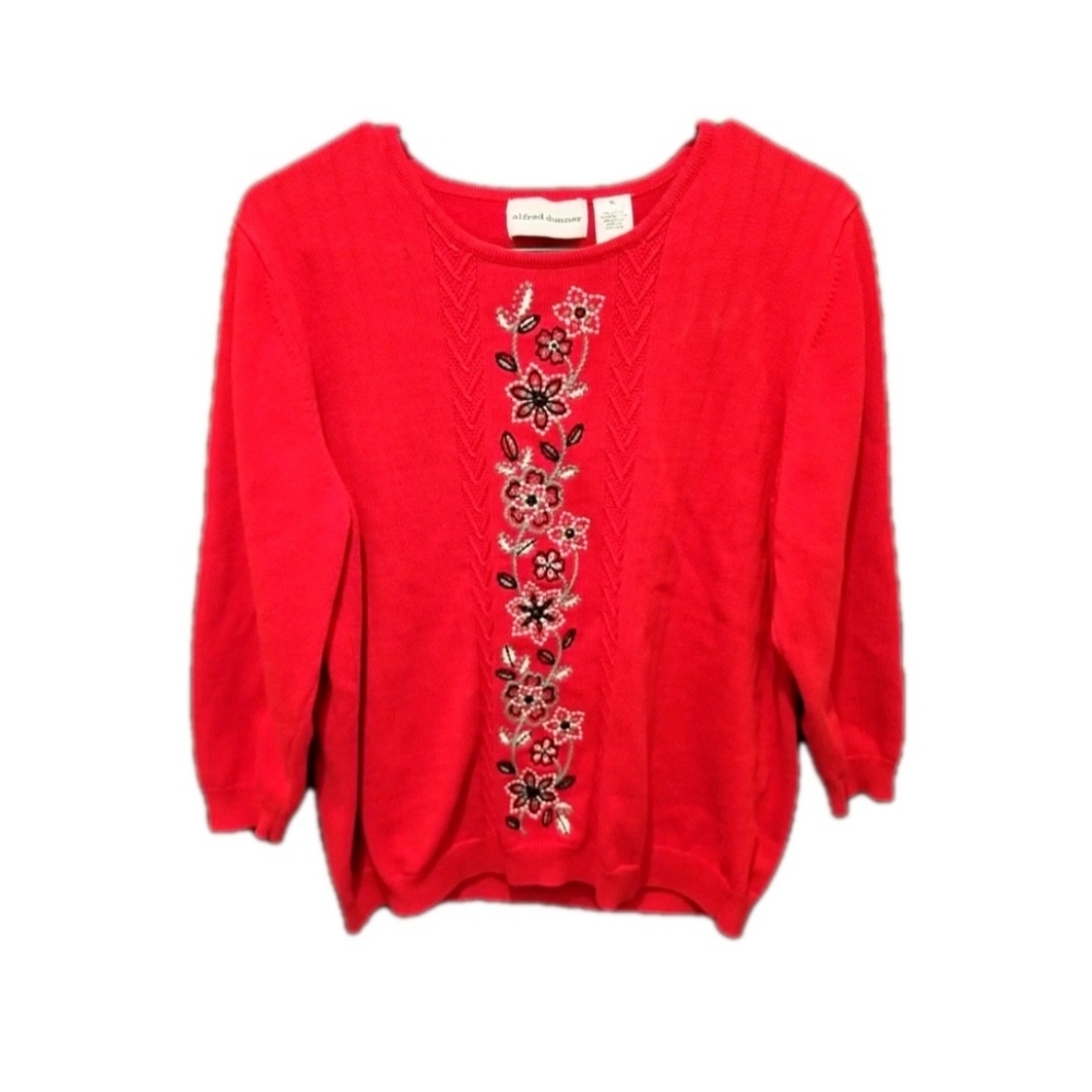 Cottagecore‎ Red Floral Embroidered Knit Sweater Romantic Size Xl Folk-inspired